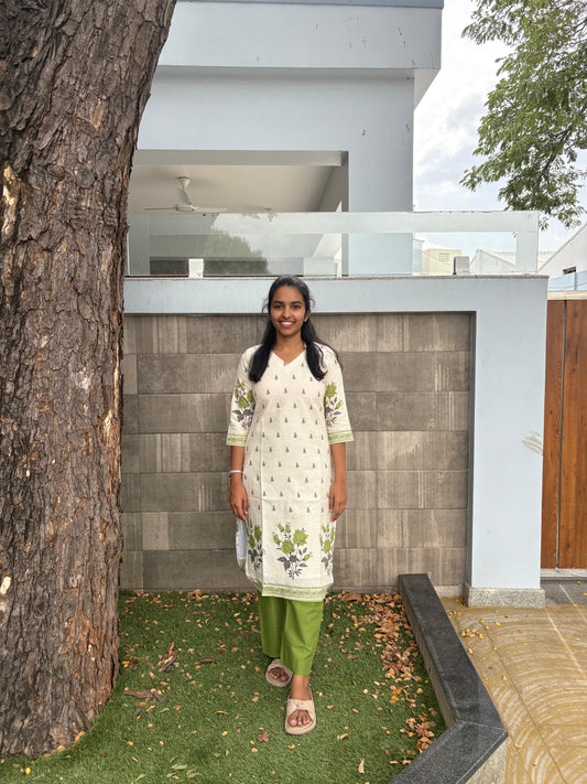 White and green kurti set