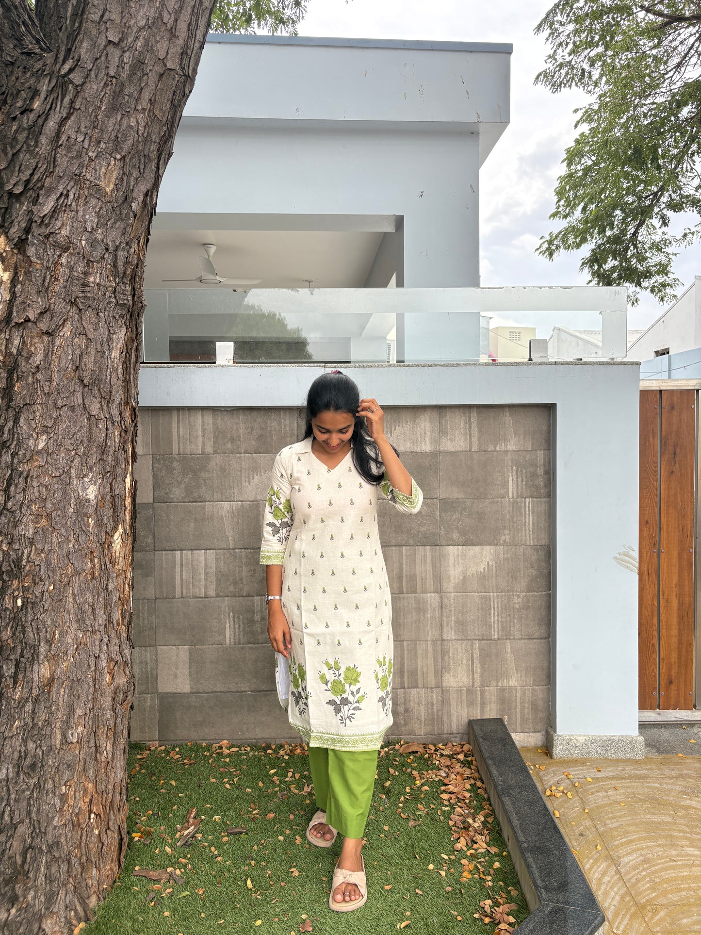 White and green kurti set