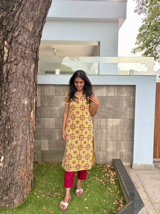 Yellow Kantha cotton Kurti set