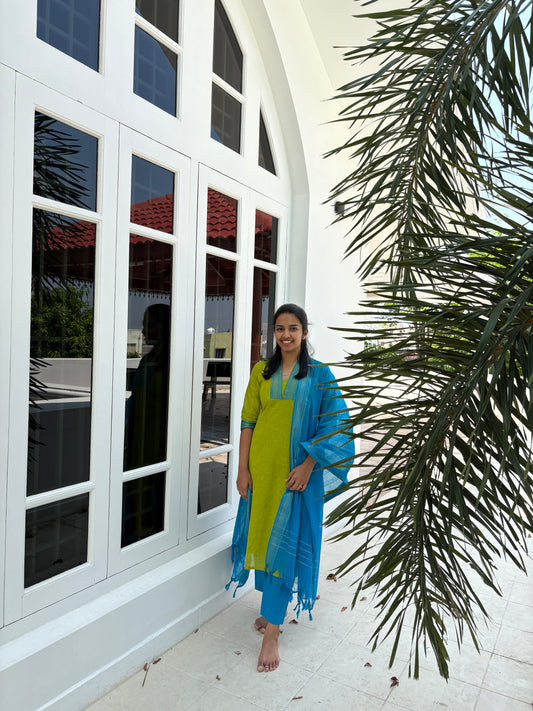 Green and blue mangalgiri suit set