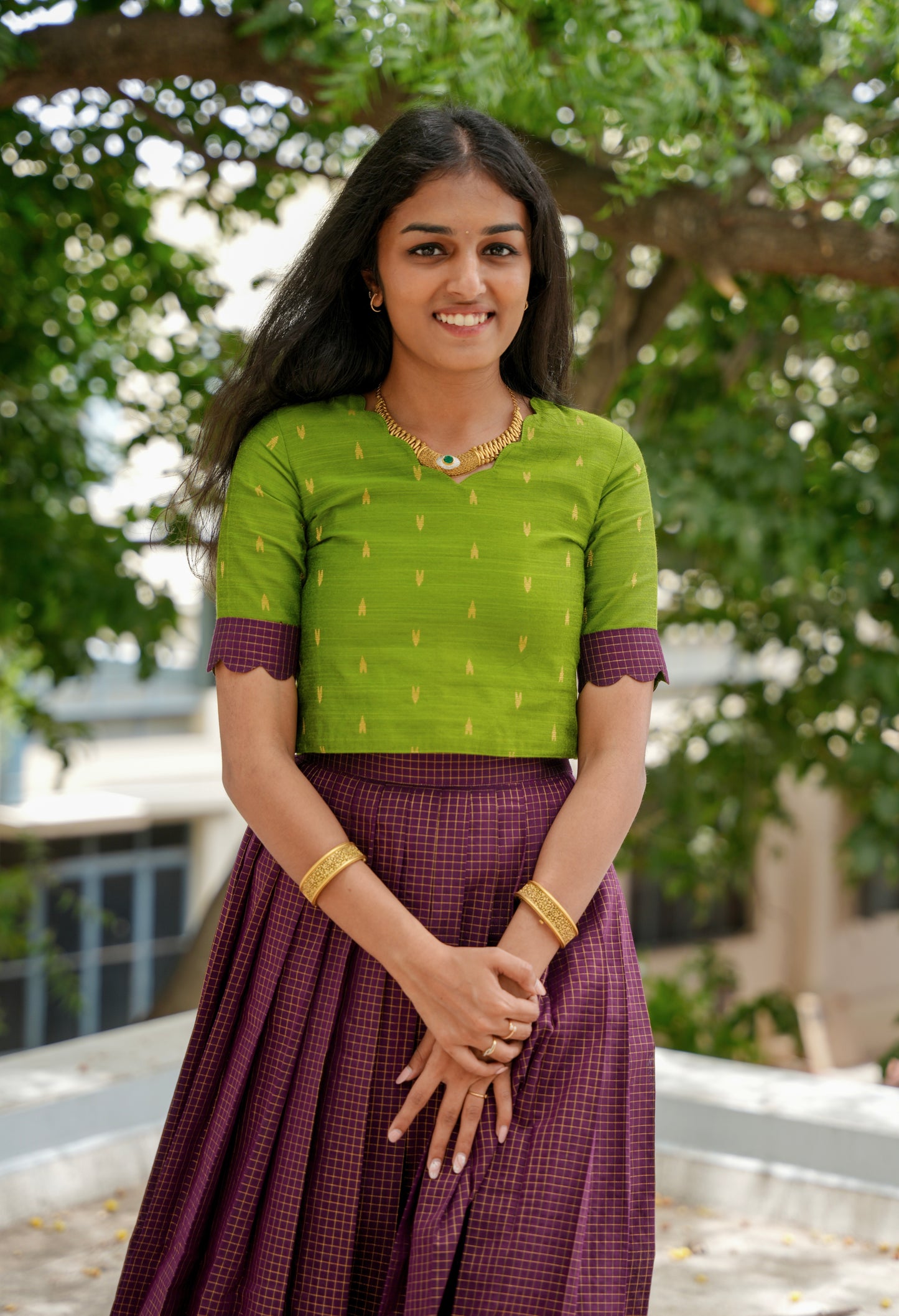 Purple and green skirt set