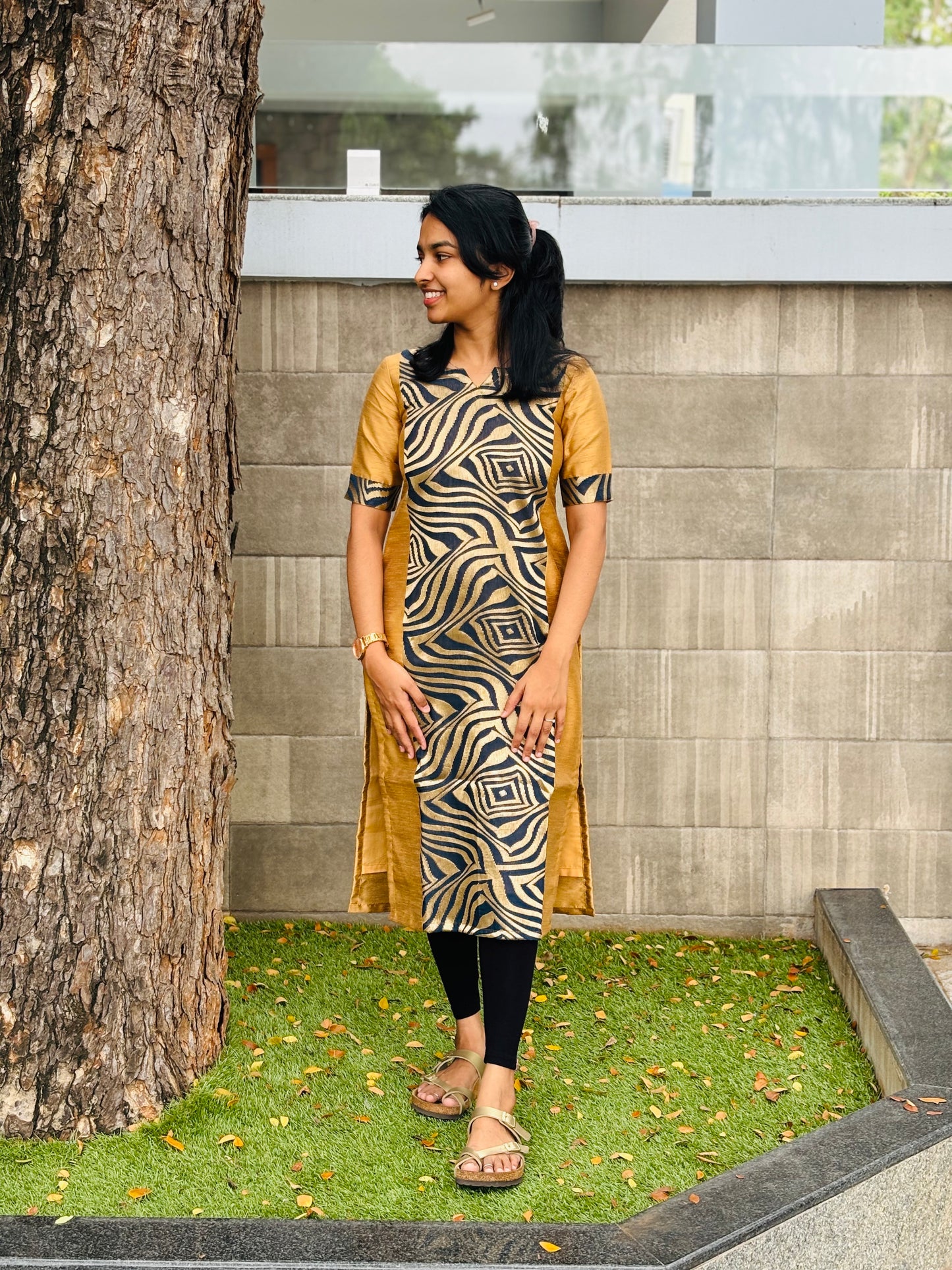 Gold and dark blue patch work kurti