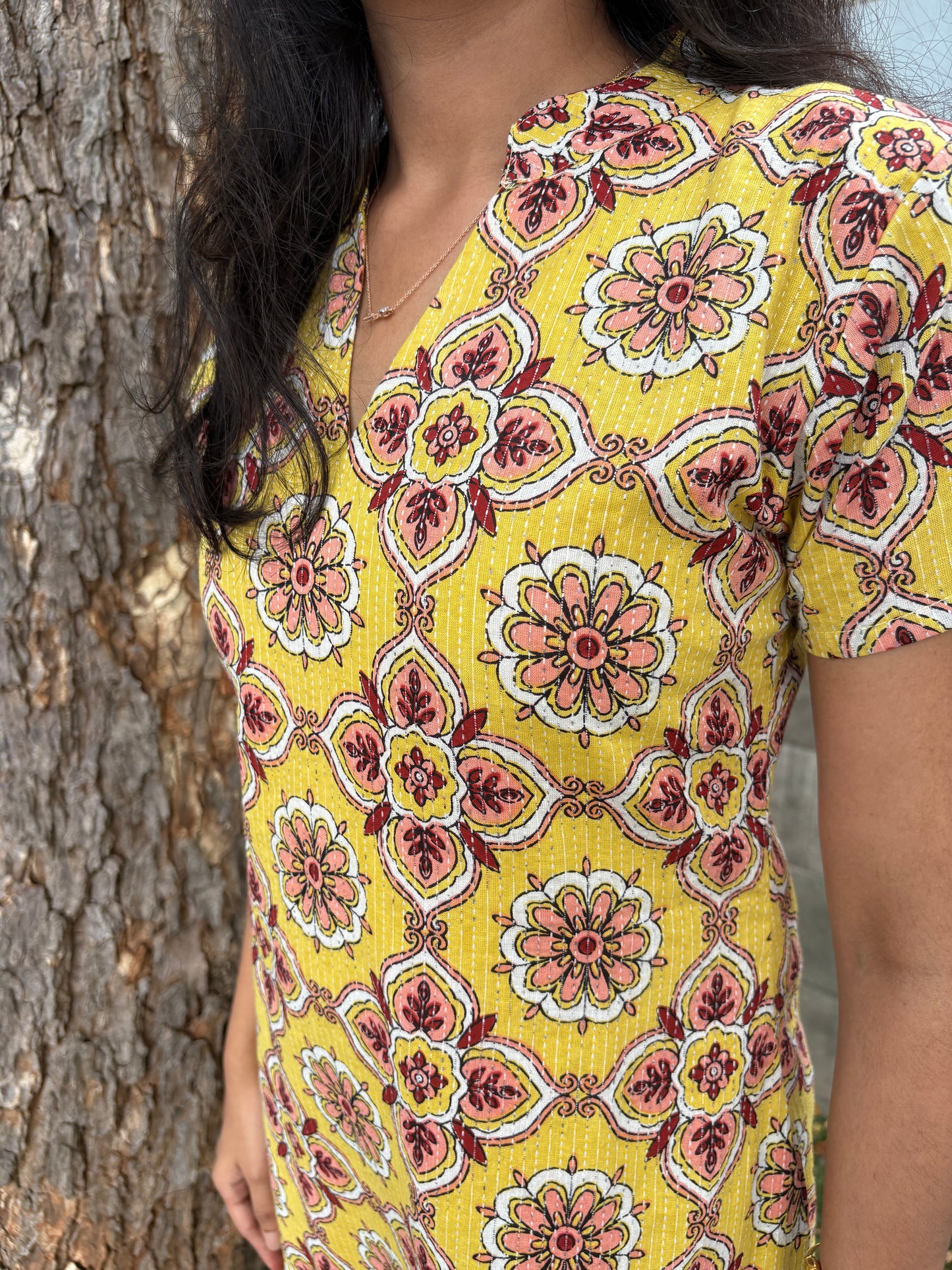 Yellow Kantha cotton Kurti set