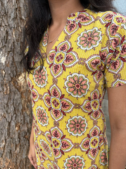 Yellow Kantha cotton Kurti set