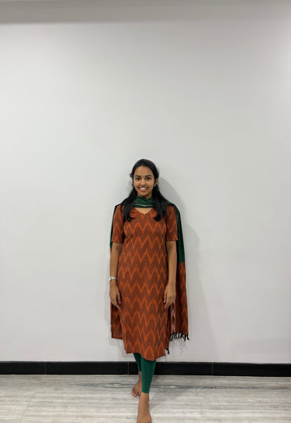 Brown and green ikat suit set