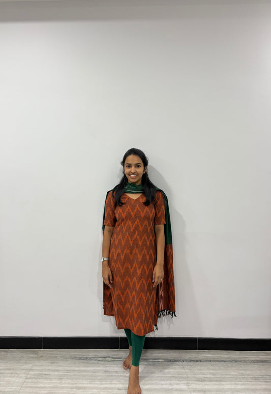 Brown and green ikat suit set