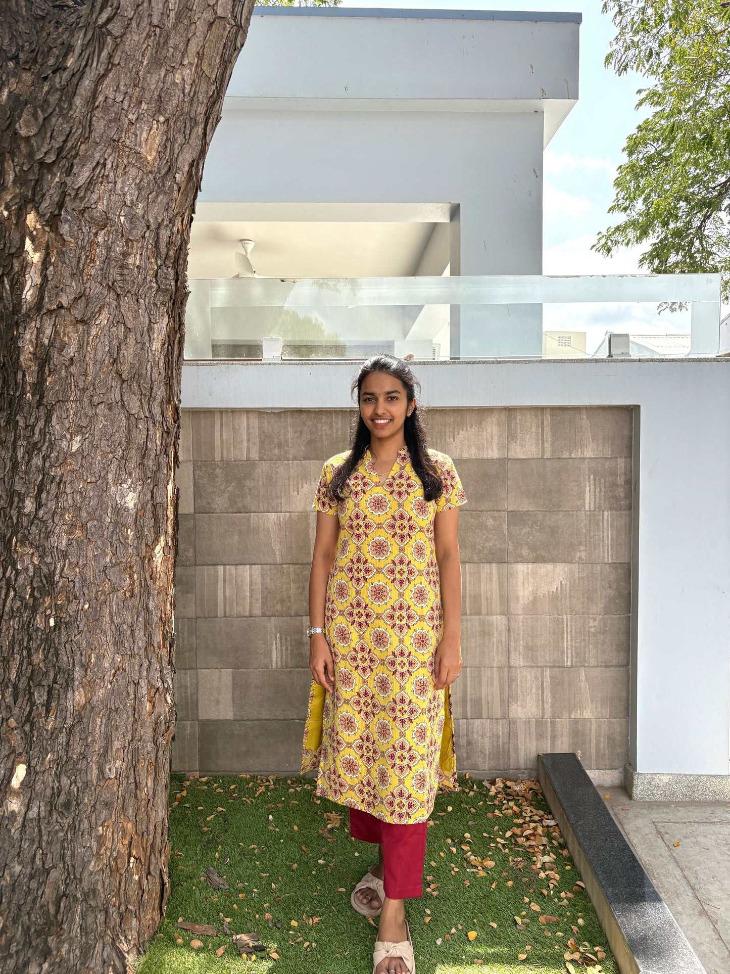 Yellow Kantha cotton Kurti set