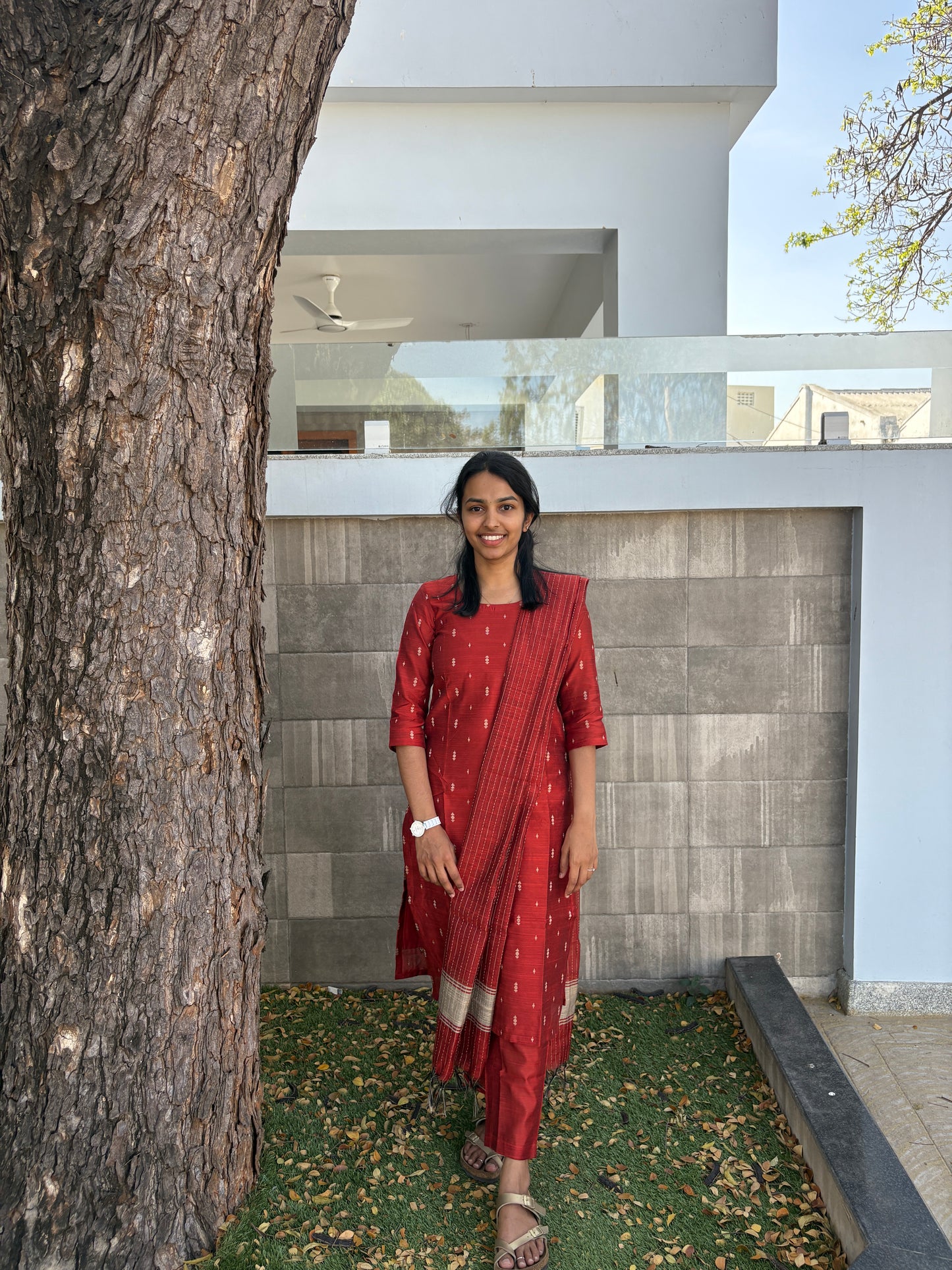 Rust red colour handloom kurti set