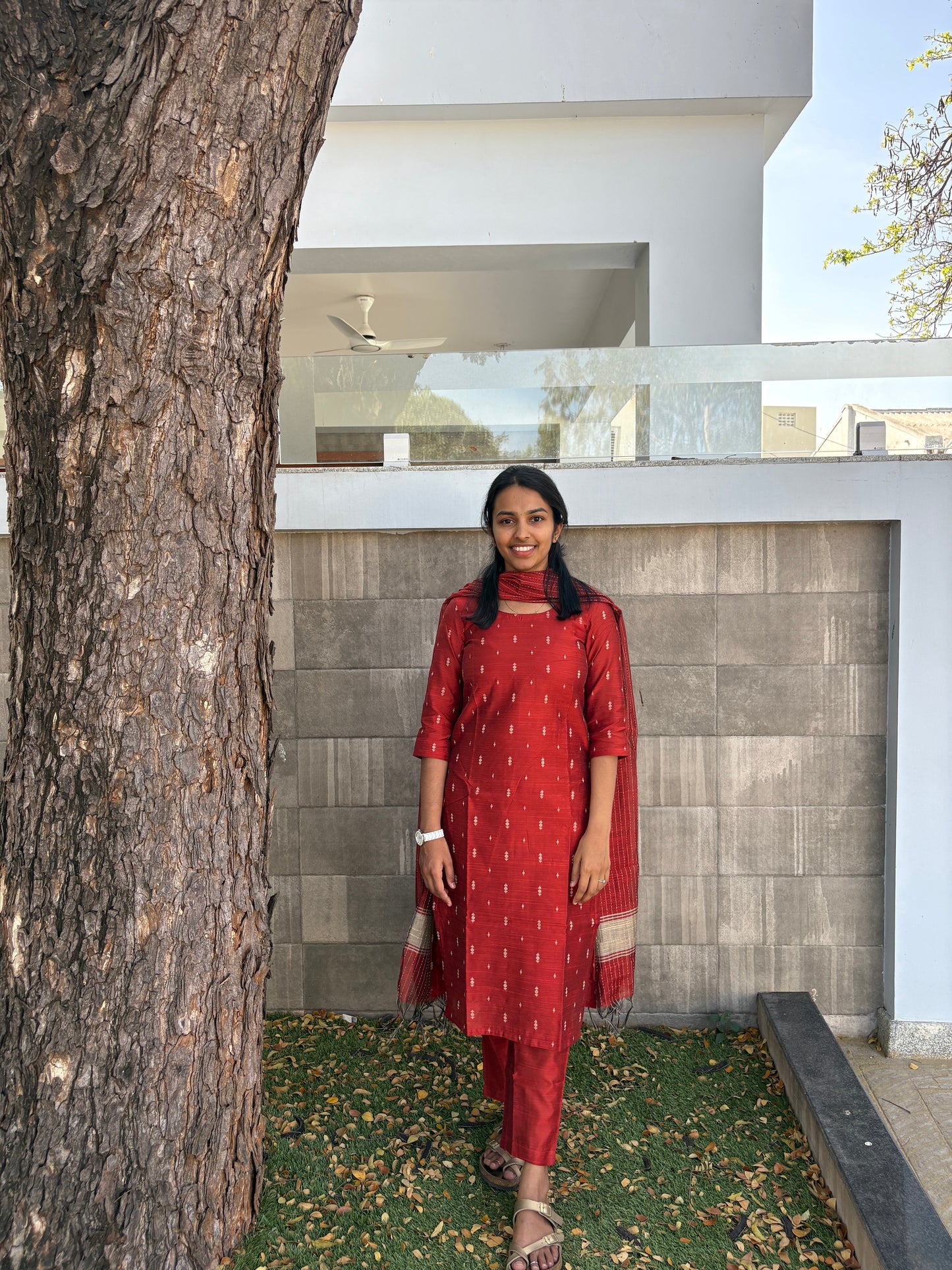Rust red colour handloom kurti set