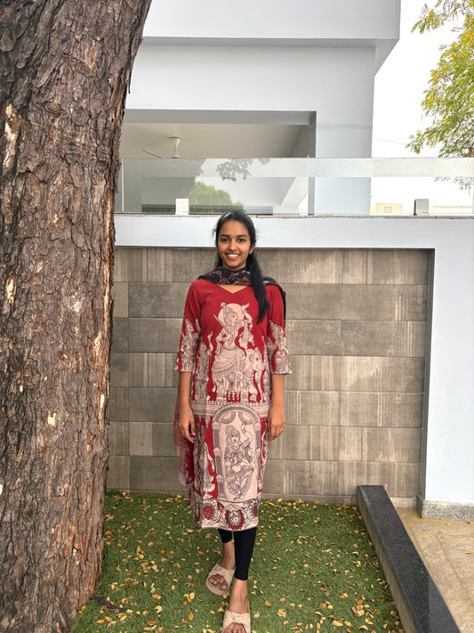 Red kalamkari kurti set