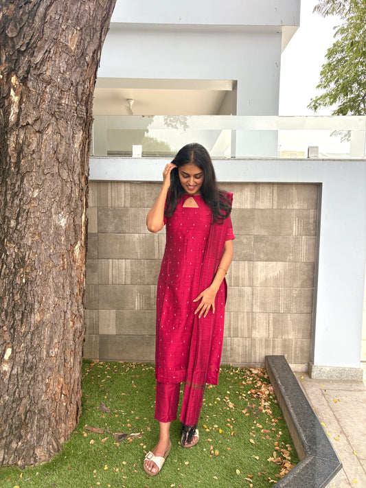 Pink slub silk kurti set