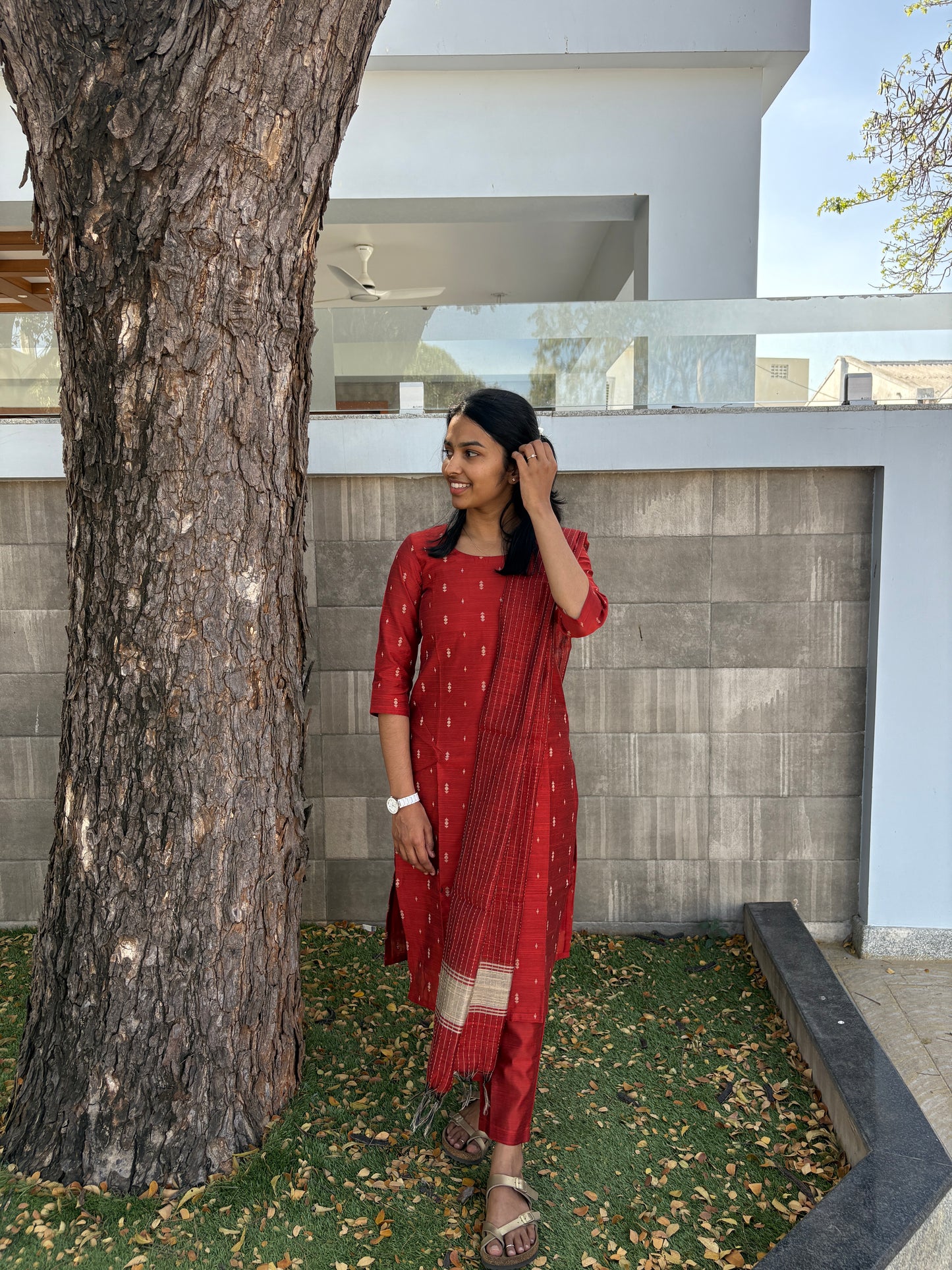 Rust red colour handloom kurti set
