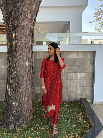 Rust red colour handloom kurti set
