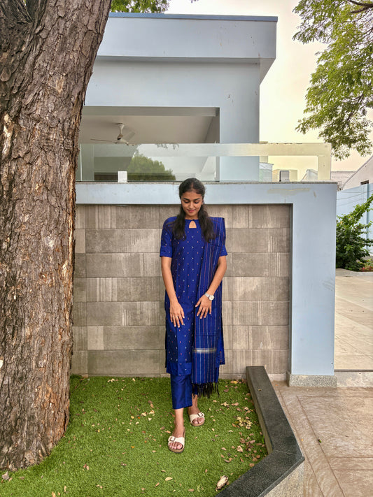 Royal blue slub silk set