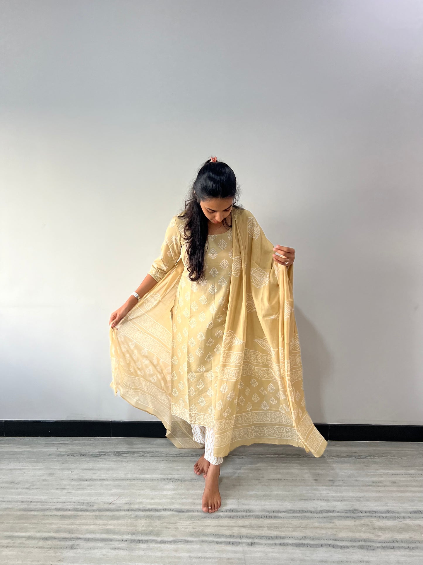 Beige cotton kurti set