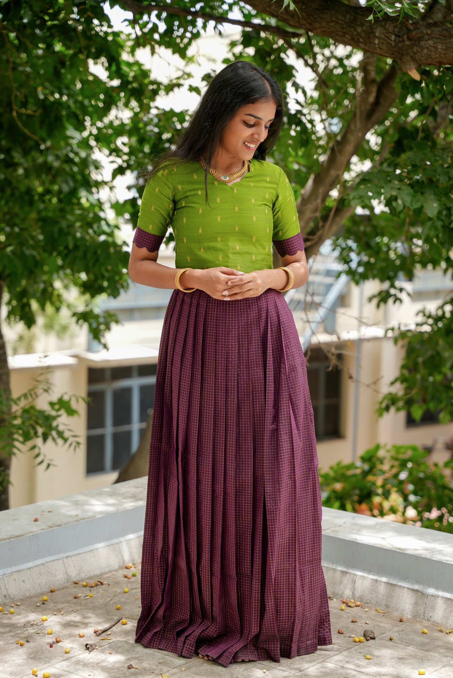 Purple and green skirt set