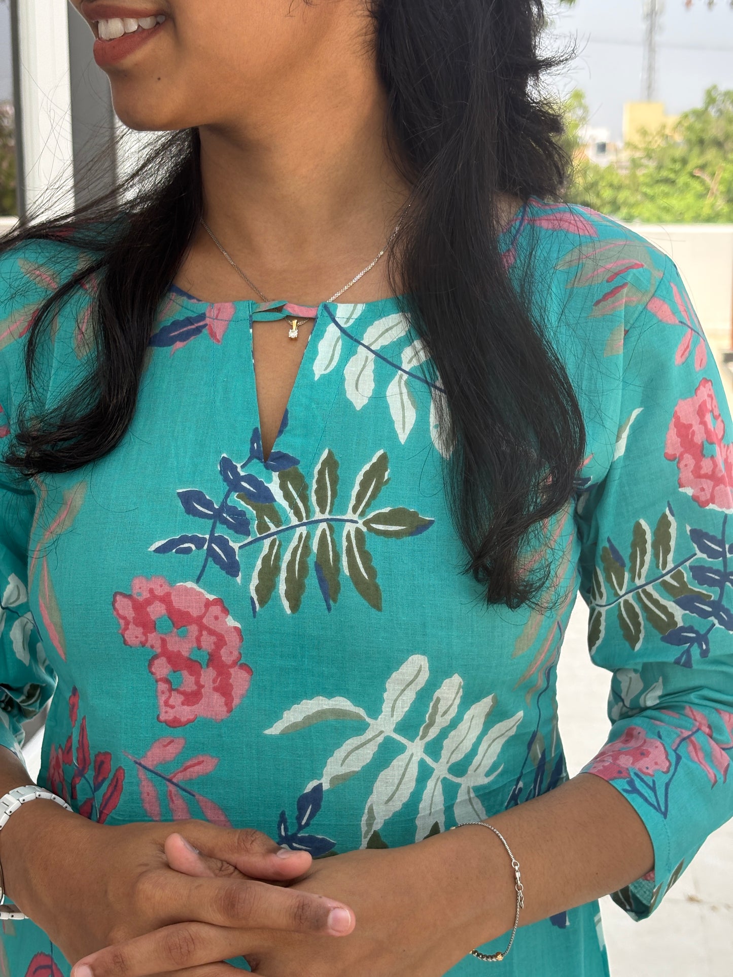 Sky blue leaf kurti