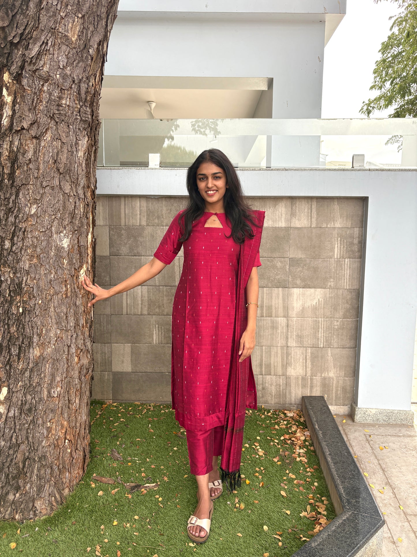 Pink slub silk kurti set
