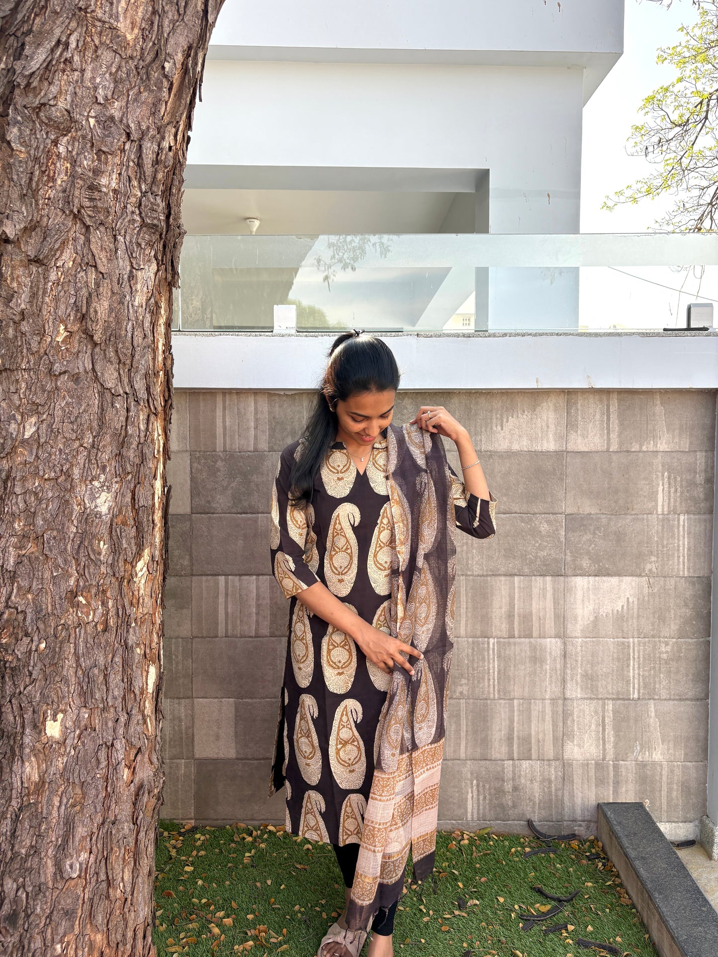 Black handblock kurti set