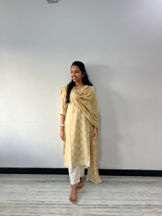 Beige cotton kurti set