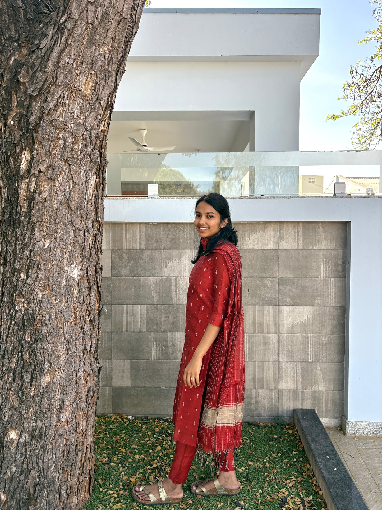 Rust red colour handloom kurti set