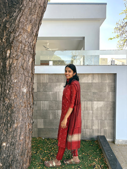 Rust red colour handloom kurti set