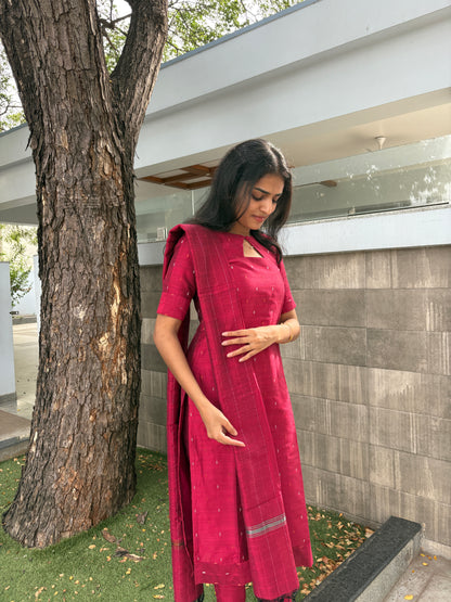 Pink slub silk kurti set