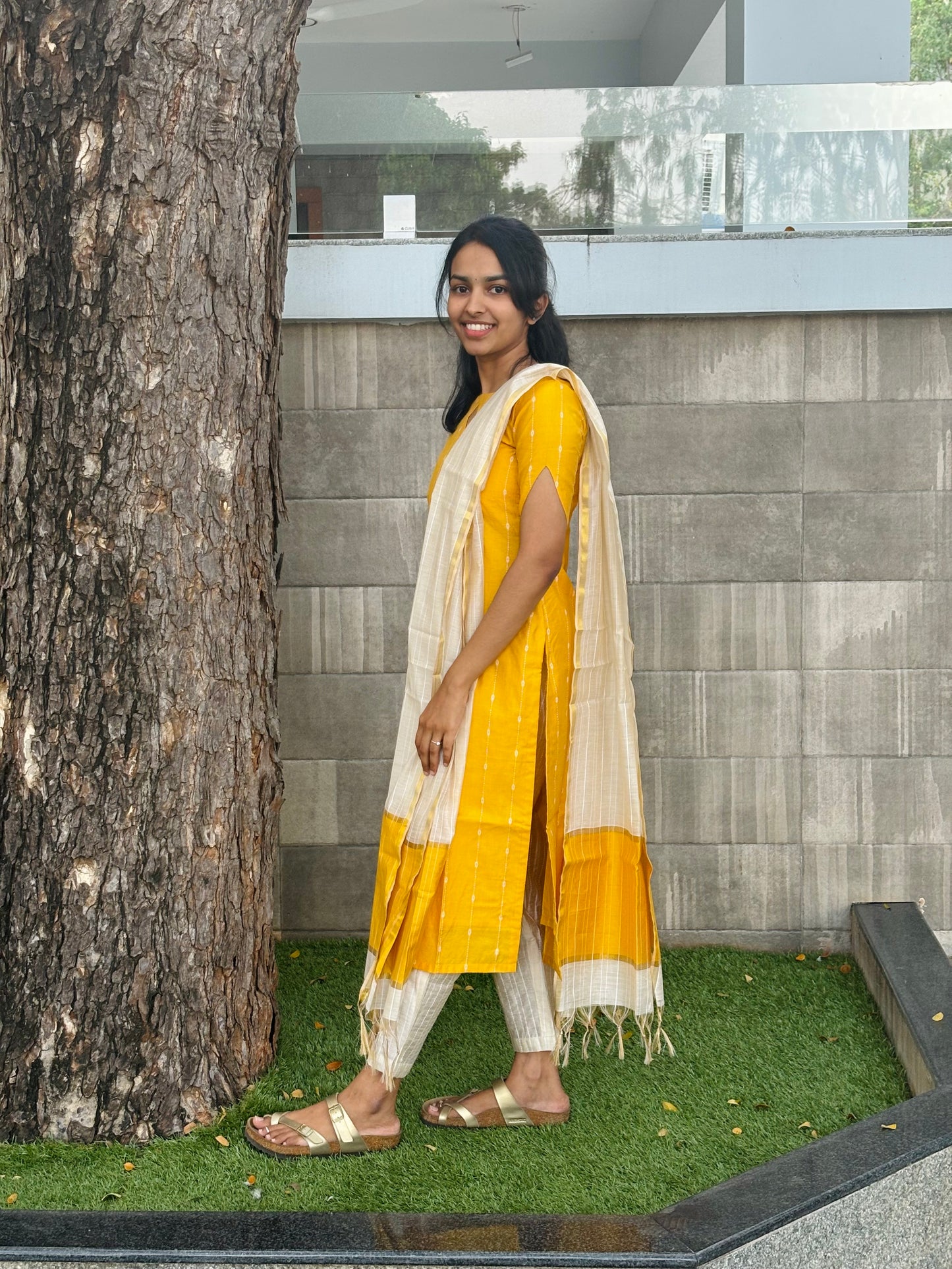 Yellow handloom kurti set
