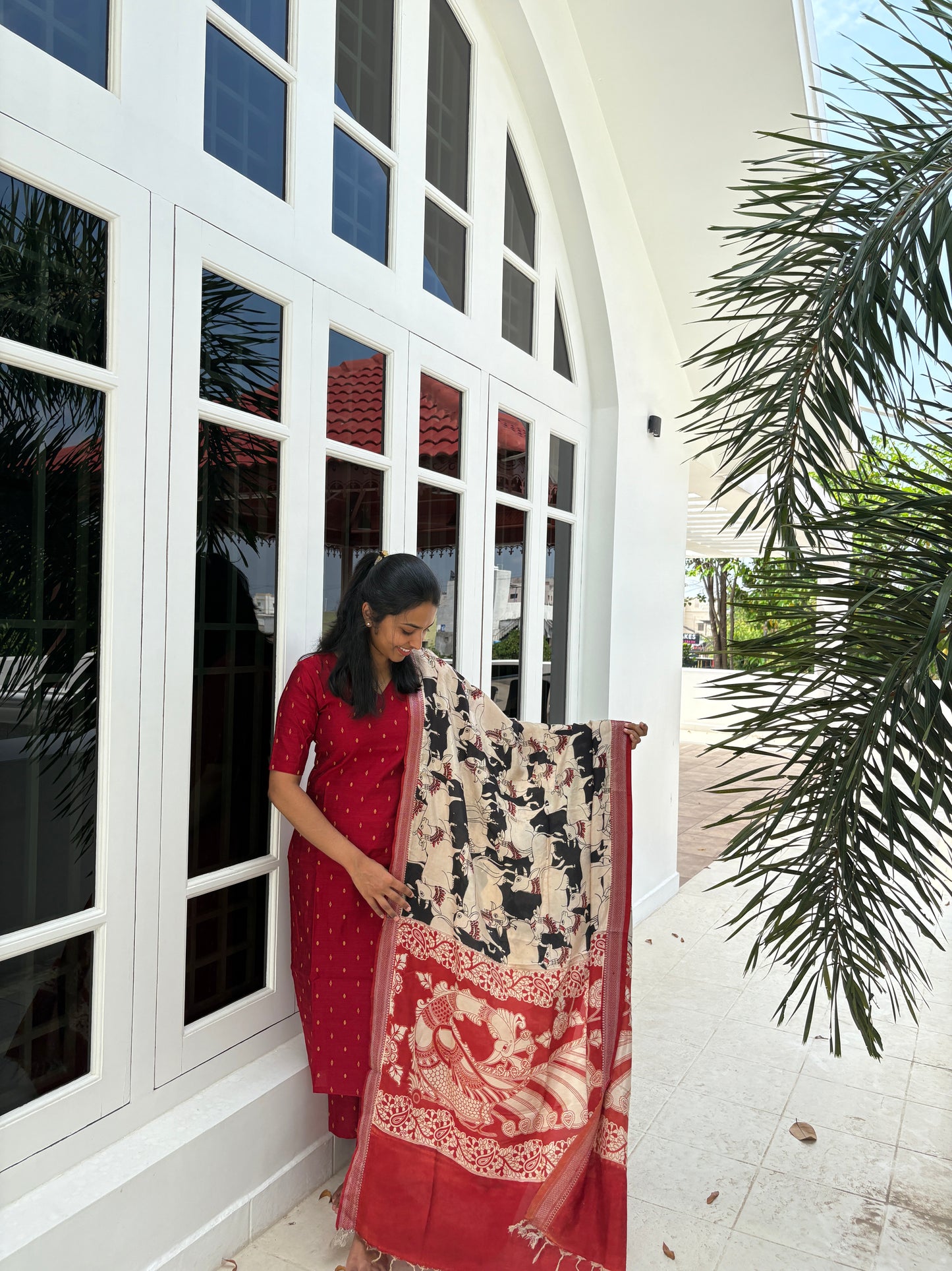 Dark red raw silk suit set