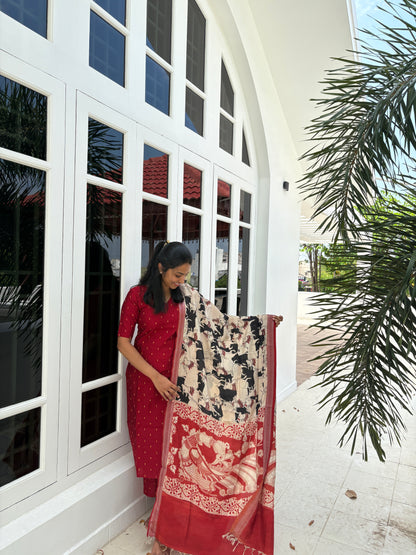 Dark red raw silk suit set