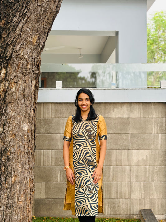 Gold and dark blue patch work kurti