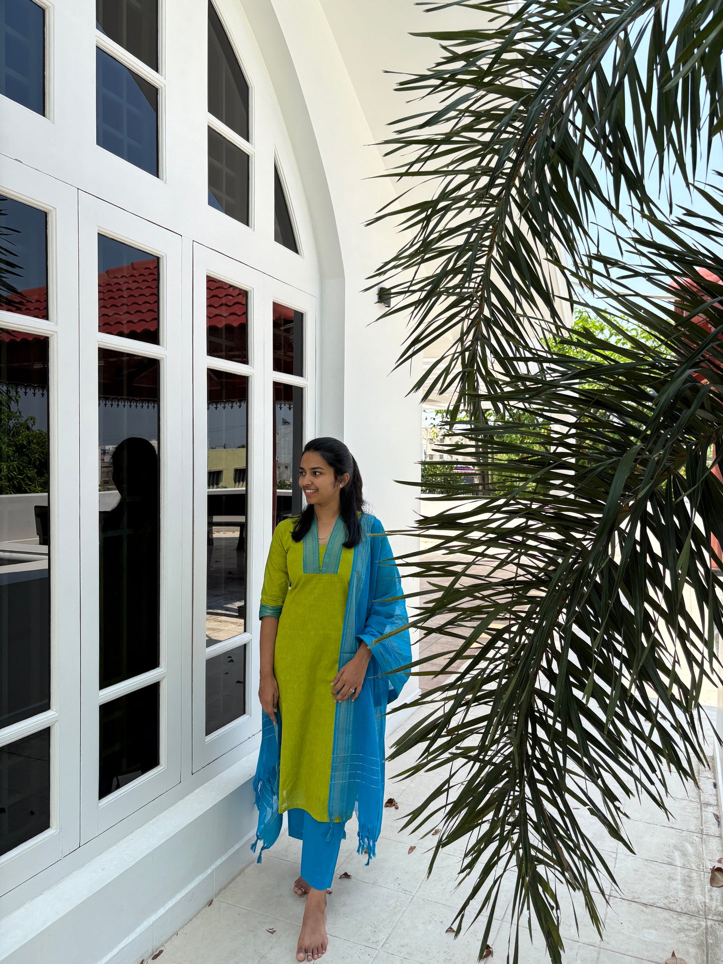 Green and blue mangalgiri suit set