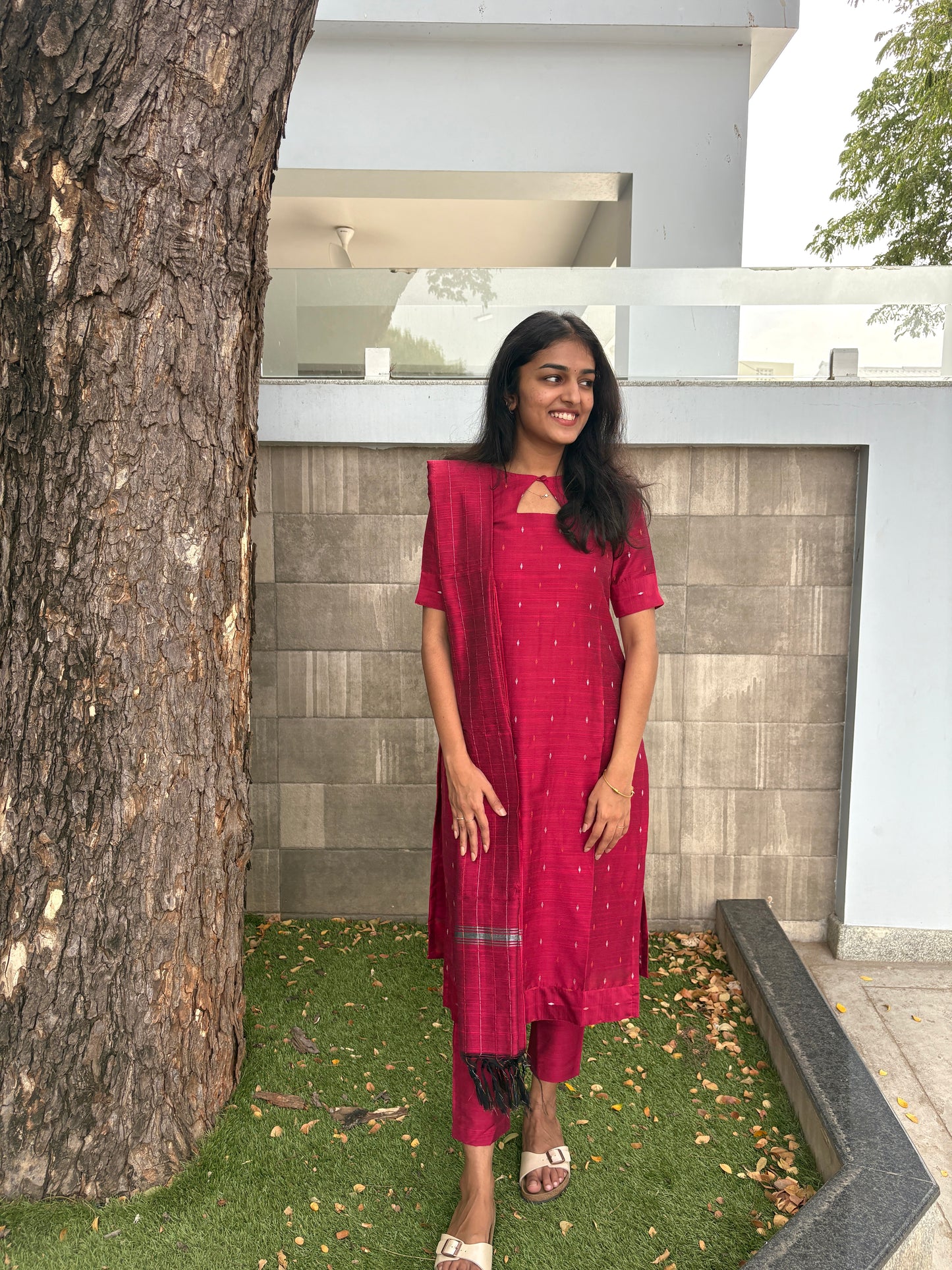 Pink slub silk kurti set