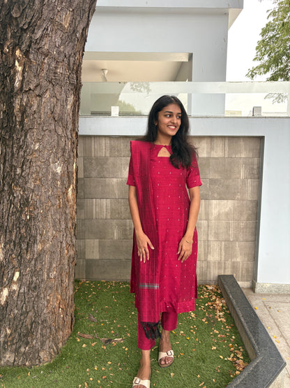 Pink slub silk kurti set